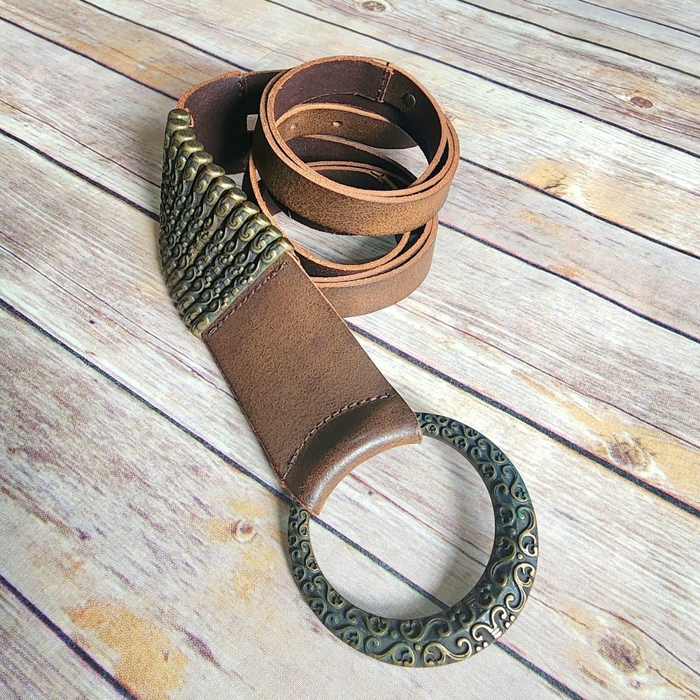 Lorena Antoniazzi Brown Leather Belt with Ornate Brass Ring